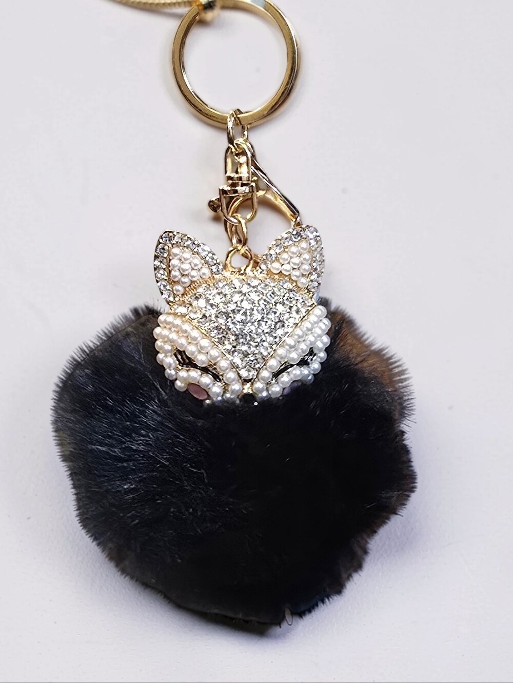 Crystal Fox Black Pom Pom Keychain